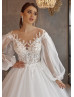 Long Sleeves Ivory Lace Glitter Tulle Romantic Wedding Dress